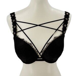 Victorias Secret Very Sexy Push-Up Bra 32DD Black Lace Strappy Design Adjustable
